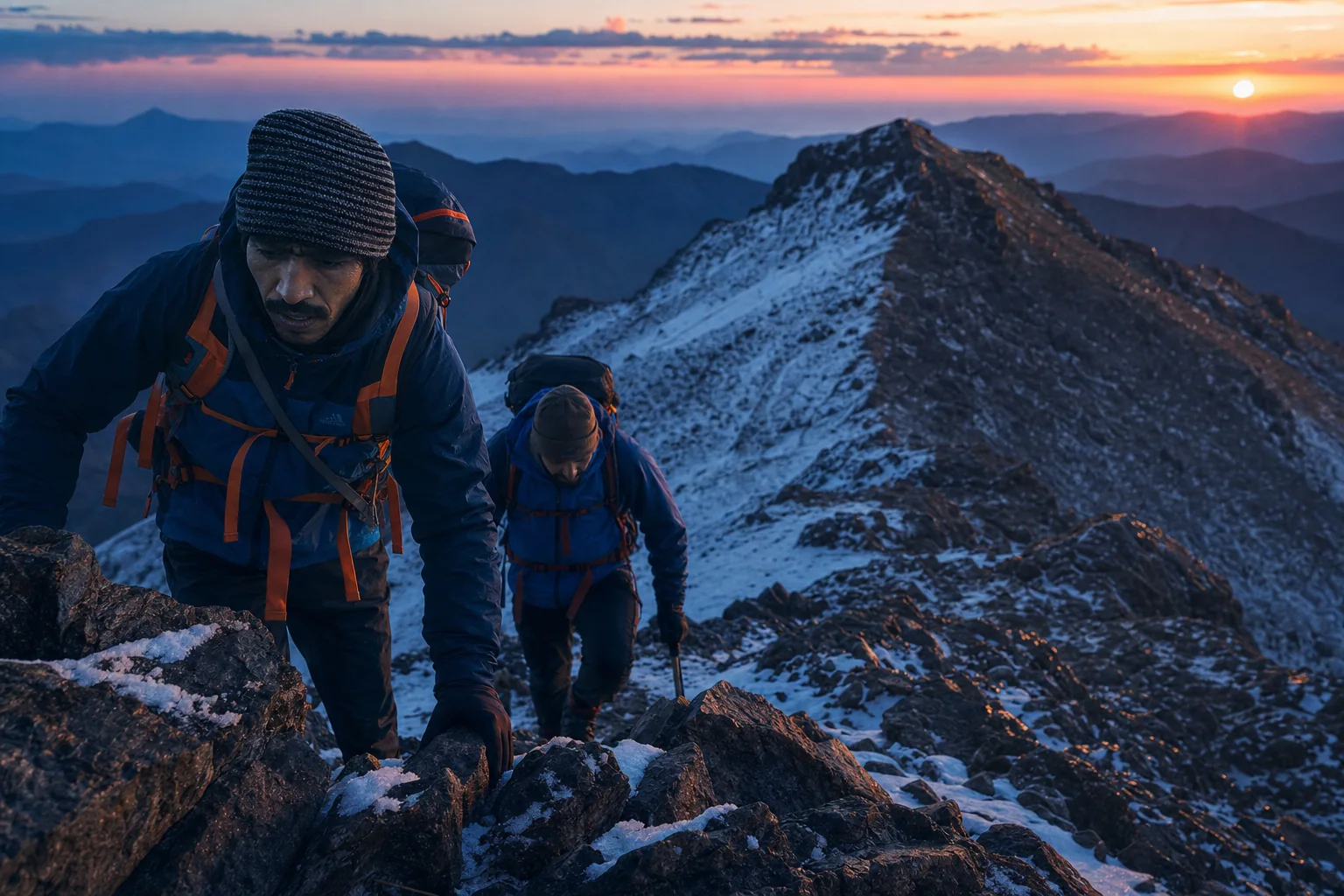 Alpinistes gravissant le Jbel Toubkal au lever du soleil